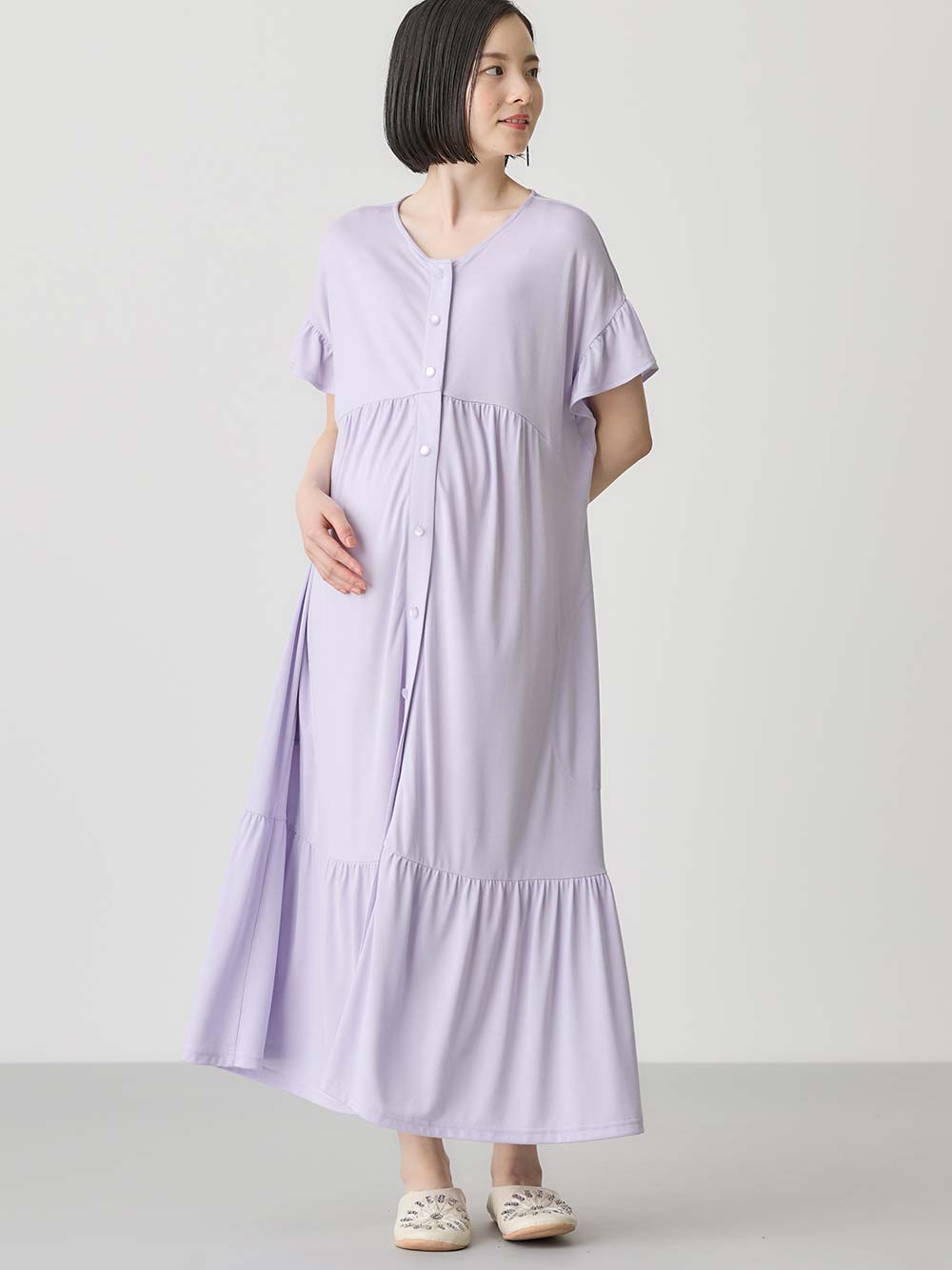 マタニティ パジャマ・ルームウェア|接触冷感天竺フリル袖ネグリジェ　マタニティ・授乳パジャマ　【出産後も長く使える】Rosemadame（ローズマダム）|ラベンダー