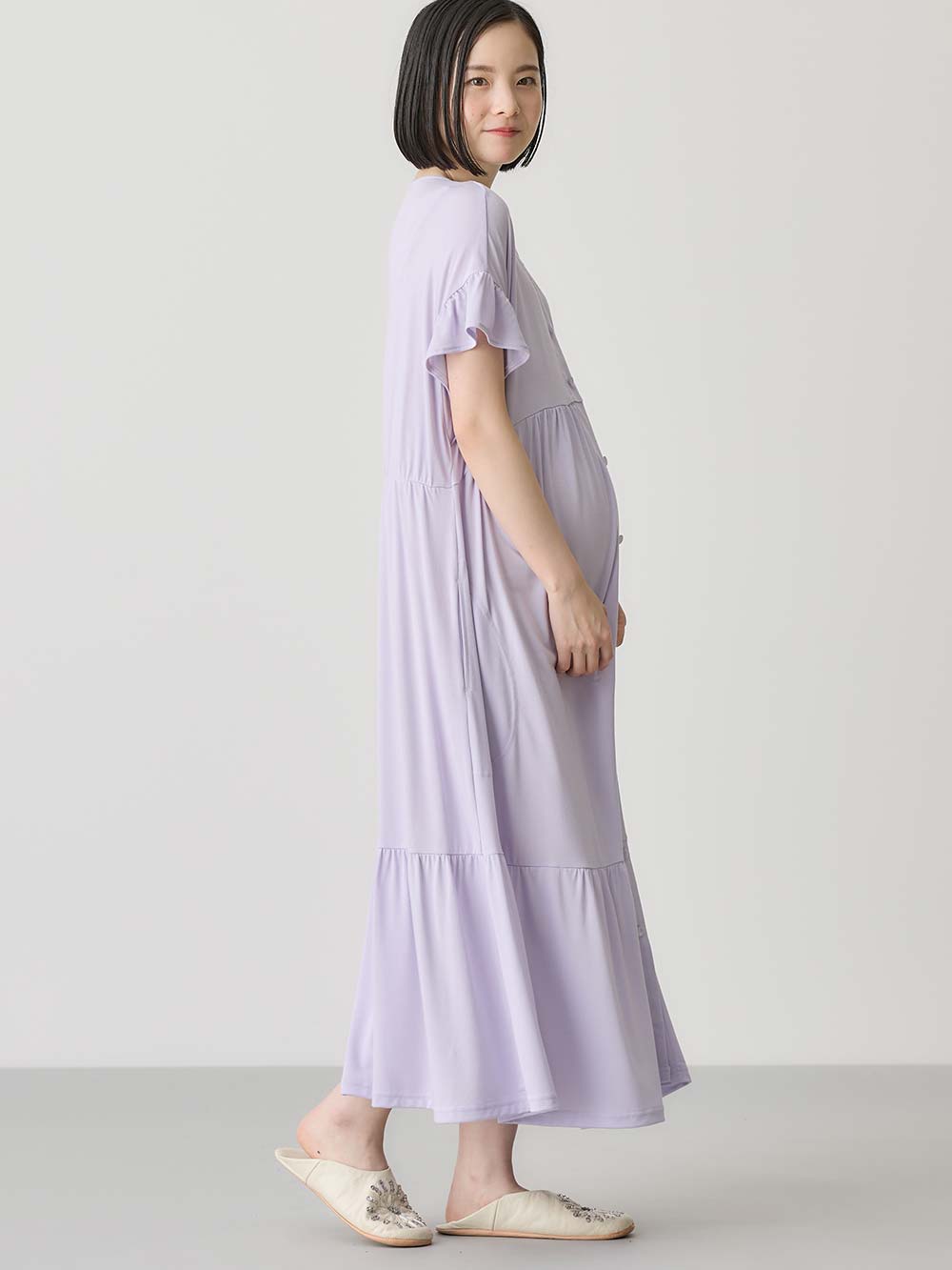 マタニティ パジャマ・ルームウェア|接触冷感天竺フリル袖ネグリジェ　マタニティ・授乳パジャマ　【出産後も長く使える】Rosemadame（ローズマダム）|ラベンダー
