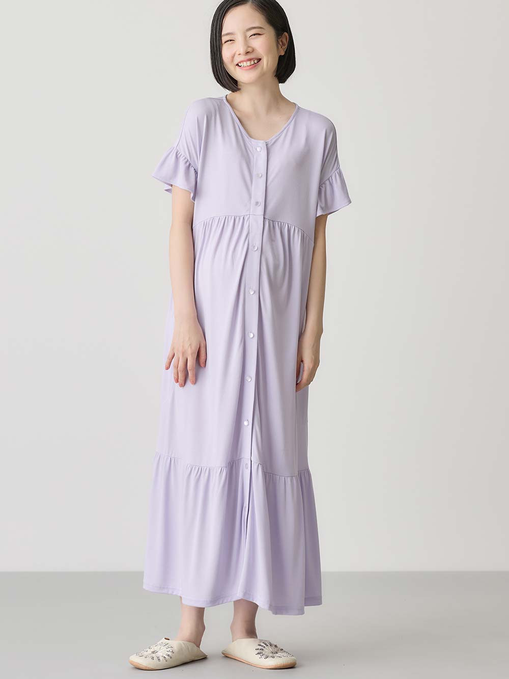 マタニティ パジャマ・ルームウェア|接触冷感天竺フリル袖ネグリジェ　マタニティ・授乳パジャマ　【出産後も長く使える】Rosemadame（ローズマダム）|ラベンダー