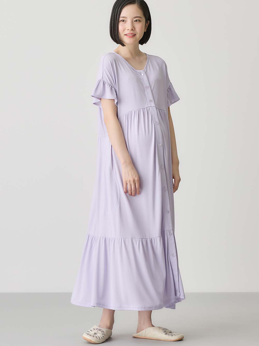 マタニティ パジャマ・ルームウェア|接触冷感天竺フリル袖ネグリジェ　マタニティ・授乳パジャマ　【出産後も長く使える】Rosemadame（ローズマダム）|ラベンダー