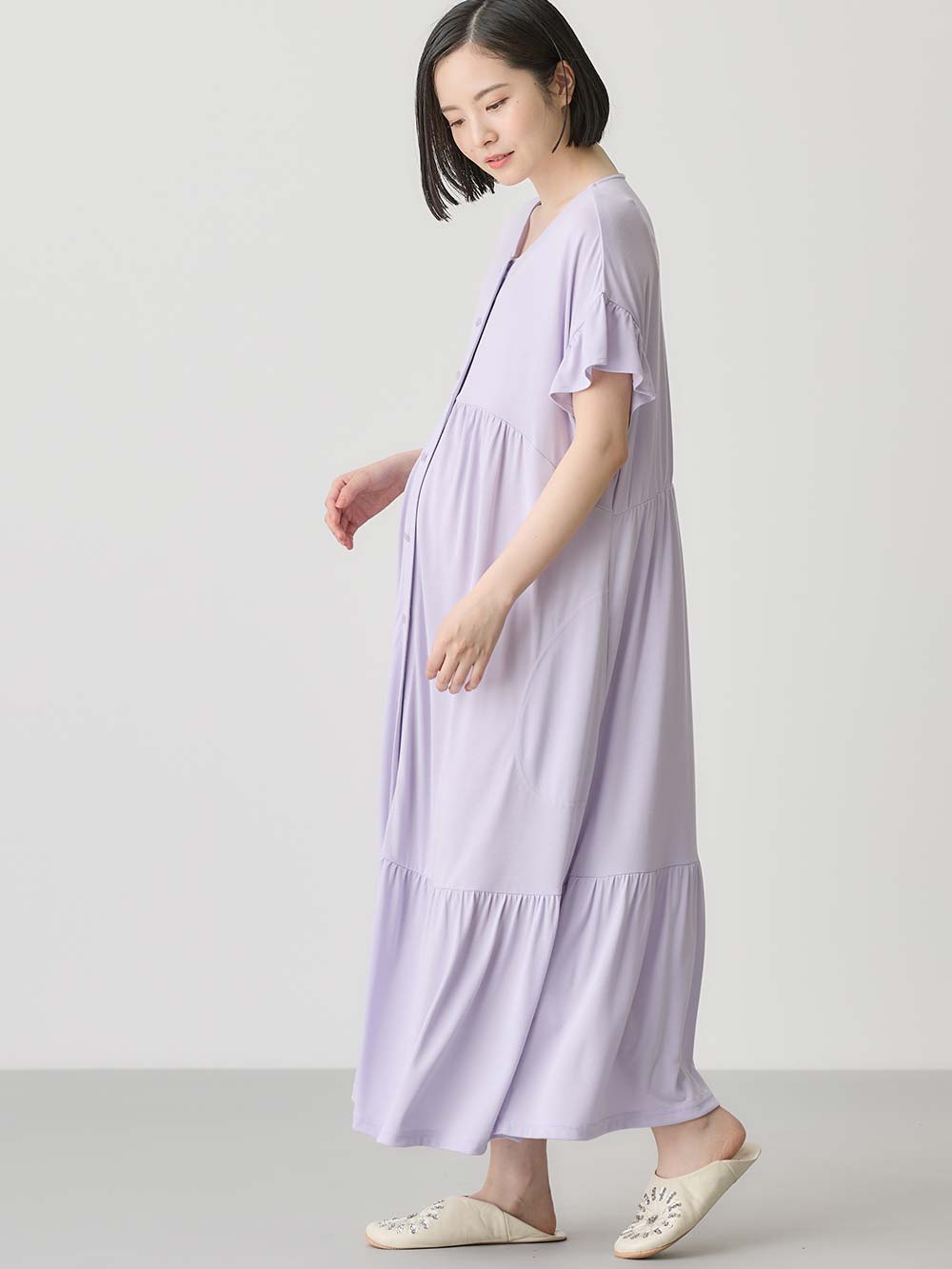 マタニティ パジャマ・ルームウェア|接触冷感天竺フリル袖ネグリジェ　マタニティ・授乳パジャマ　【出産後も長く使える】Rosemadame（ローズマダム）|ラベンダー