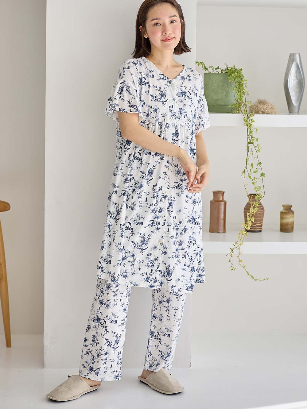 マタニティ パジャマ・ルームウェア|接触冷感天竺レトロ花柄フリル袖パジャマ　マタニティ・授乳パジャマ　【出産後も長く使える】Rosemadame（ローズマダム）|オフ