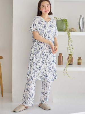 マタニティ パジャマ・ルームウェア|接触冷感天竺レトロ花柄フリル袖パジャマ　マタニティ・授乳パジャマ　【出産後も長く使える】Rosemadame（ローズマダム）|オフ