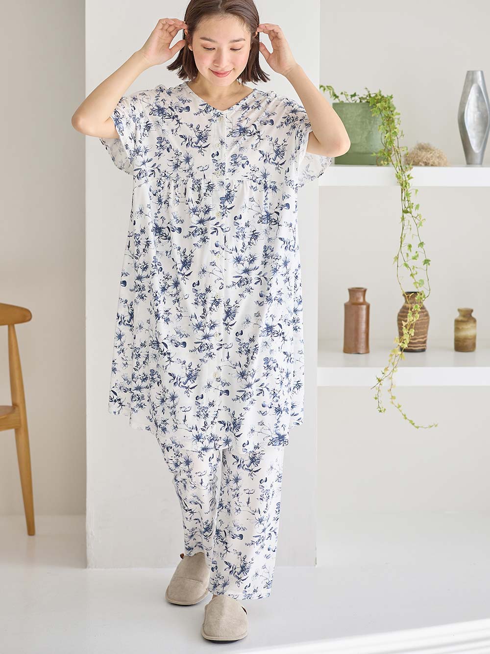 マタニティ パジャマ・ルームウェア|接触冷感天竺レトロ花柄フリル袖パジャマ　マタニティ・授乳パジャマ　【出産後も長く使える】Rosemadame（ローズマダム）|オフ