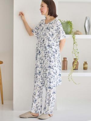 マタニティ パジャマ・ルームウェア|接触冷感天竺レトロ花柄フリル袖パジャマ　マタニティ・授乳パジャマ　【出産後も長く使える】Rosemadame（ローズマダム）|オフ