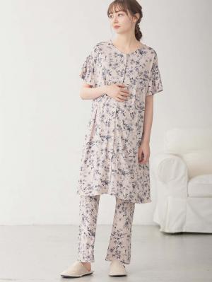 マタニティ パジャマ・ルームウェア|接触冷感天竺レトロ花柄フリル袖パジャマ　マタニティ・授乳パジャマ　【出産後も長く使える】Rosemadame（ローズマダム）|ピンク