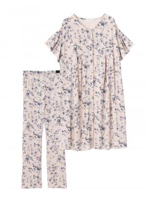 マタニティ パジャマ・ルームウェア|接触冷感天竺レトロ花柄フリル袖パジャマ　マタニティ・授乳パジャマ　【出産後も長く使える】Rosemadame（ローズマダム）|ピンク