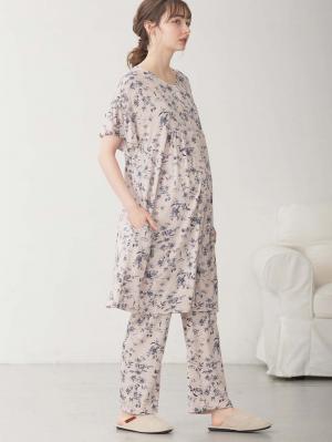 マタニティ パジャマ・ルームウェア|接触冷感天竺レトロ花柄フリル袖パジャマ　マタニティ・授乳パジャマ　【出産後も長く使える】Rosemadame（ローズマダム）|ピンク