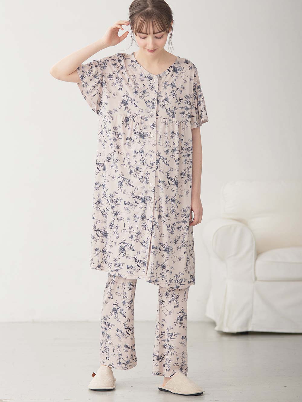 マタニティ パジャマ・ルームウェア|接触冷感天竺レトロ花柄フリル袖パジャマ　マタニティ・授乳パジャマ　【出産後も長く使える】Rosemadame（ローズマダム）|ピンク