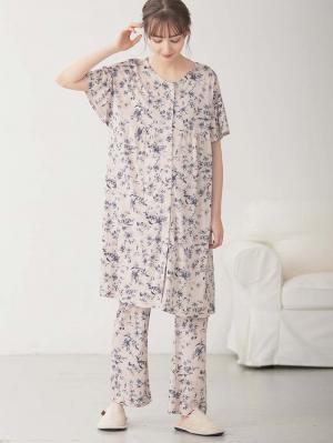 マタニティ パジャマ・ルームウェア|接触冷感天竺レトロ花柄フリル袖パジャマ　マタニティ・授乳パジャマ　【出産後も長く使える】Rosemadame（ローズマダム）|ピンク