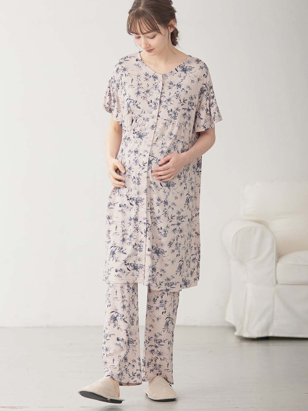 マタニティ パジャマ・ルームウェア|接触冷感天竺レトロ花柄フリル袖パジャマ　マタニティ・授乳パジャマ　【出産後も長く使える】Rosemadame（ローズマダム）|ピンク