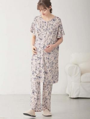 マタニティ パジャマ・ルームウェア|接触冷感天竺レトロ花柄フリル袖パジャマ　マタニティ・授乳パジャマ　【出産後も長く使える】Rosemadame（ローズマダム）|ピンク