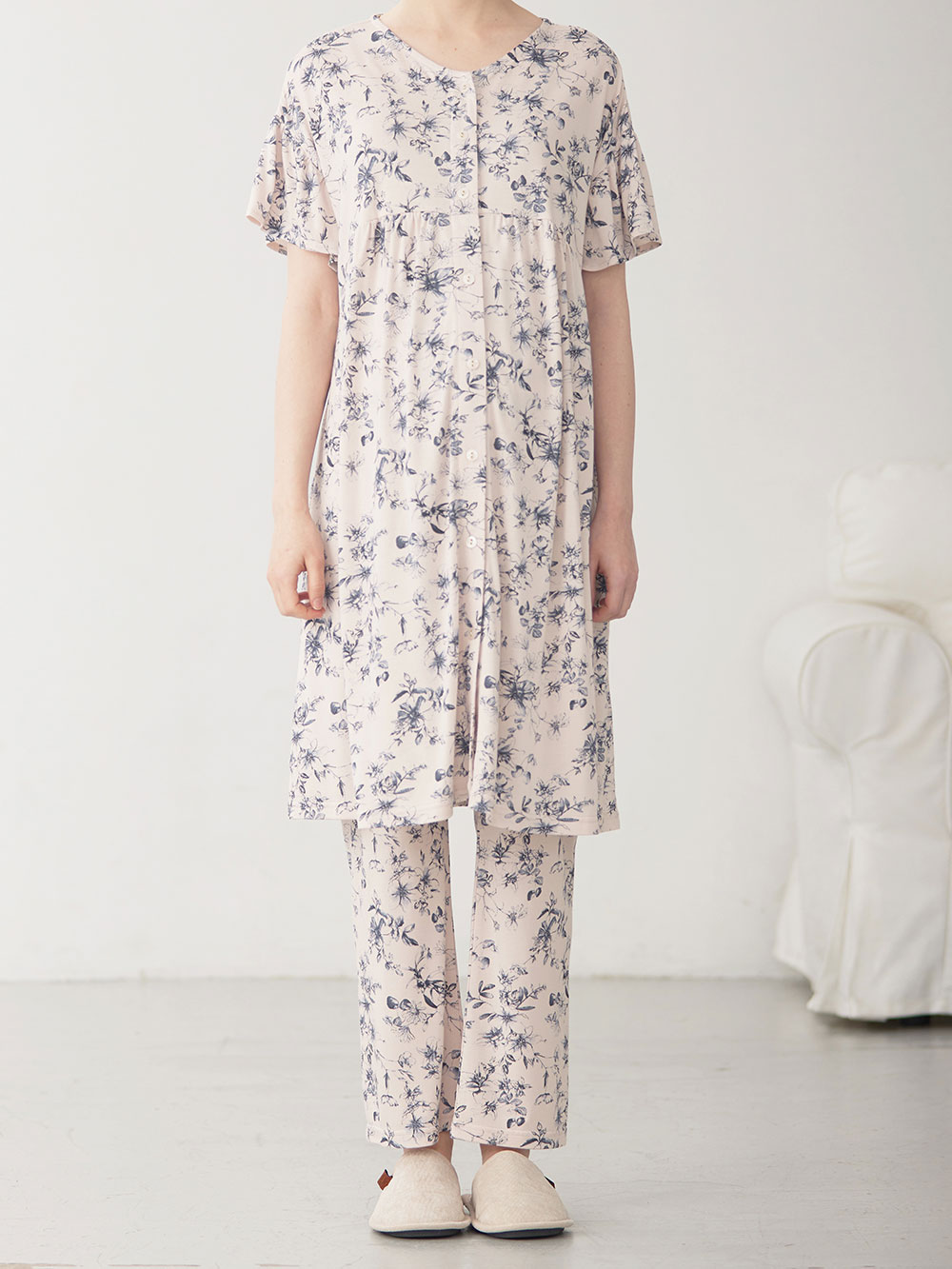 マタニティ パジャマ・ルームウェア|接触冷感天竺レトロ花柄フリル袖パジャマ　マタニティ・授乳パジャマ　【出産後も長く使える】Rosemadame（ローズマダム）