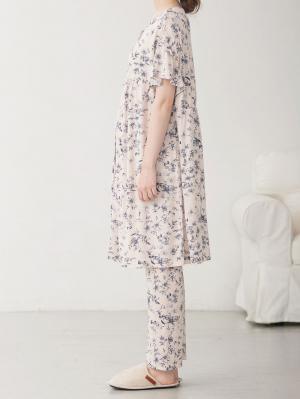 マタニティ パジャマ・ルームウェア|接触冷感天竺レトロ花柄フリル袖パジャマ　マタニティ・授乳パジャマ　【出産後も長く使える】Rosemadame（ローズマダム）