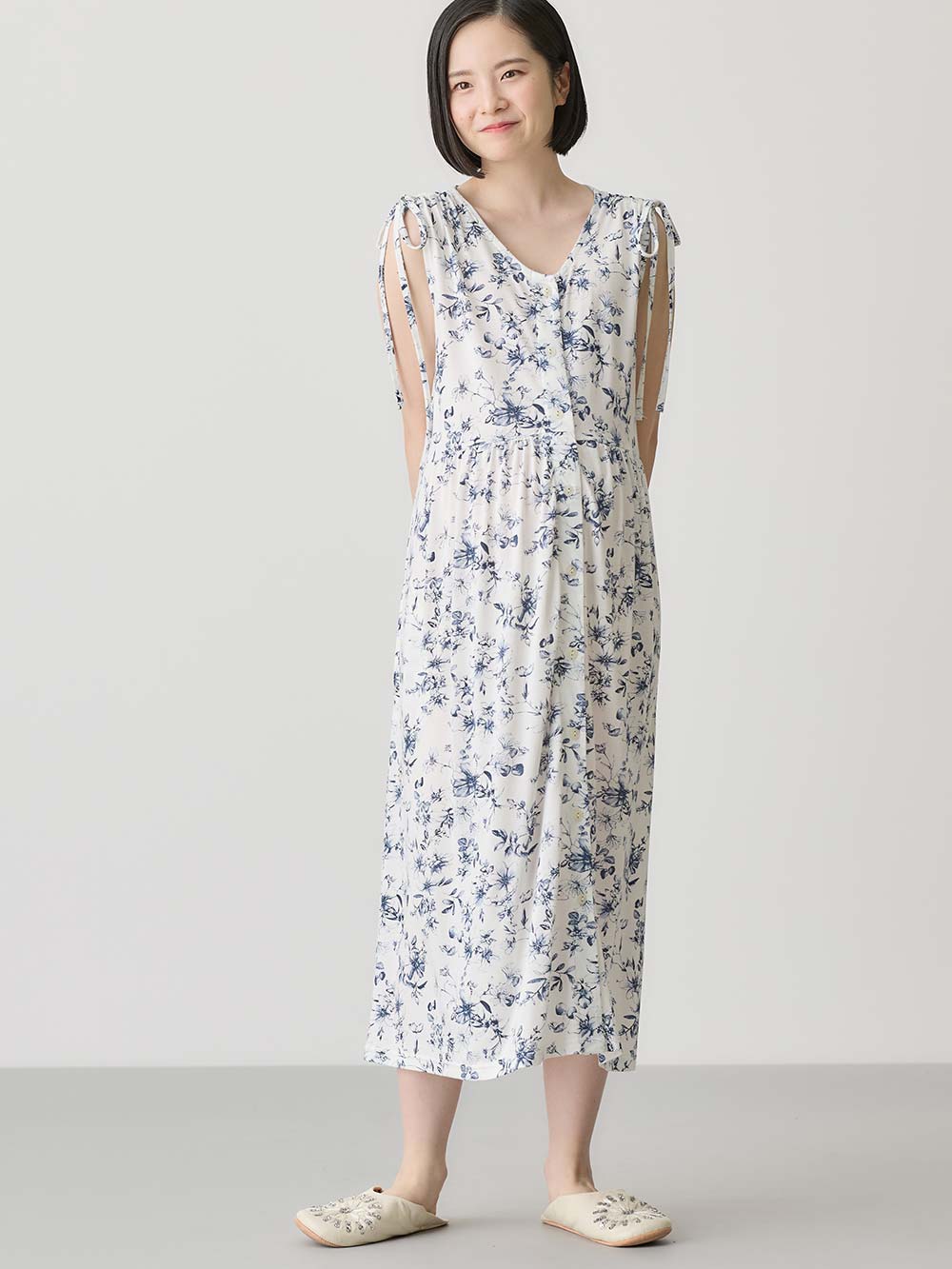 マタニティ パジャマ・ルームウェア|接触冷感天竺レトロ花柄ショルダーリボンネグリジェ　マタニティ・授乳パジャマ　【出産後も長く使える】Rosemadame（ローズマダム）