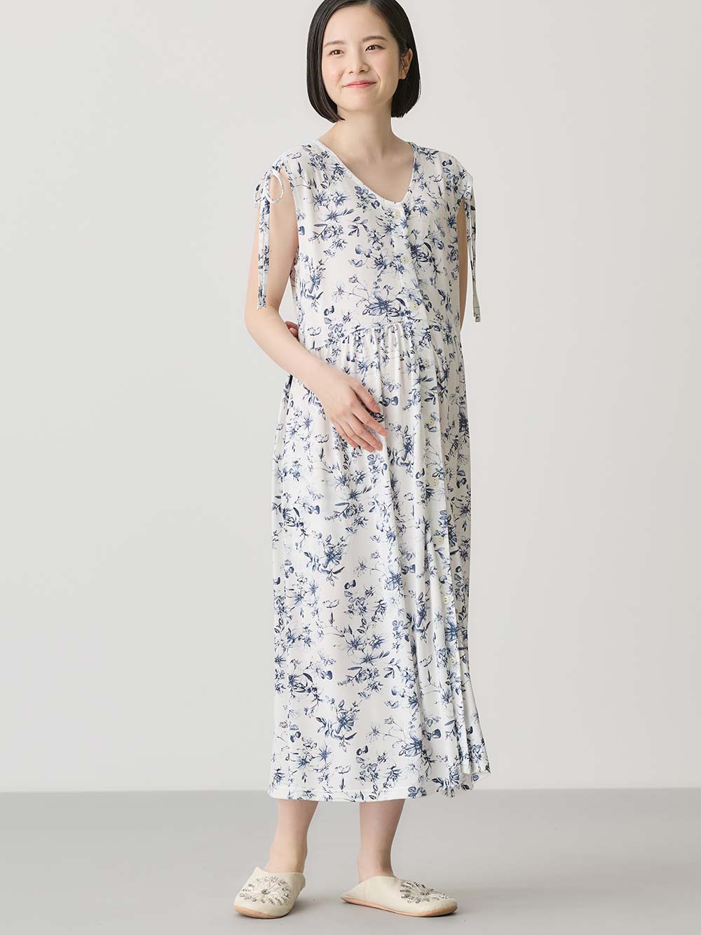 マタニティ パジャマ・ルームウェア|接触冷感天竺レトロ花柄ショルダーリボンネグリジェ　マタニティ・授乳パジャマ　【出産後も長く使える】Rosemadame（ローズマダム）