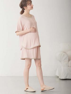 マタニティ パジャマ・ルームウェア|テレコバイカラー使いルームウェア　マタニティ・授乳パジャマ　【出産後も長く使える】|ピンク