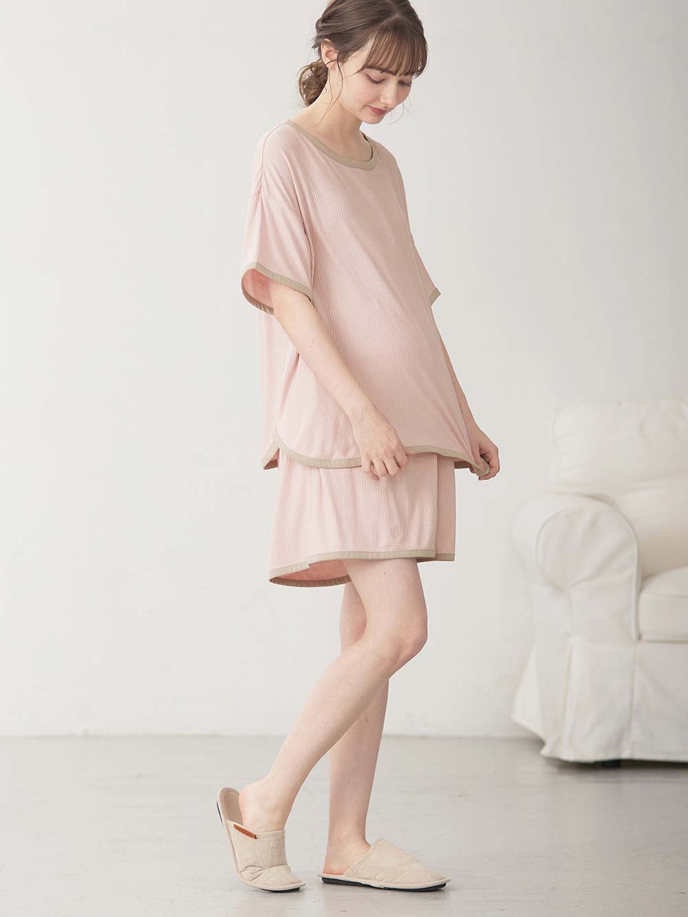 マタニティ パジャマ・ルームウェア|テレコバイカラー使いルームウェア　マタニティ・授乳パジャマ　【出産後も長く使える】|ピンク