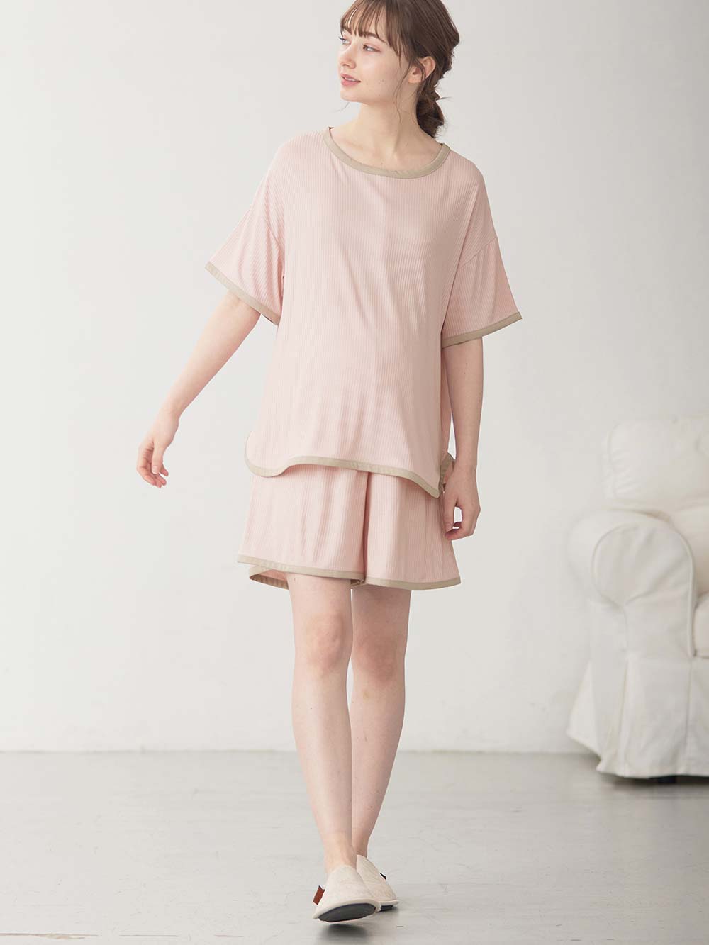 マタニティ パジャマ・ルームウェア|テレコバイカラー使いルームウェア　マタニティ・授乳パジャマ　【出産後も長く使える】|ピンク