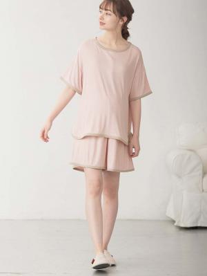 マタニティ パジャマ・ルームウェア|テレコバイカラー使いルームウェア　マタニティ・授乳パジャマ　【出産後も長く使える】|ピンク