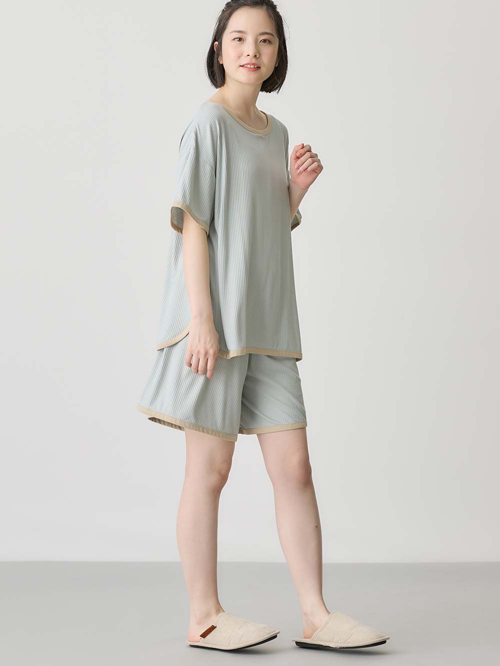 マタニティ パジャマ・ルームウェア|テレコバイカラー使いルームウェア　マタニティ・授乳パジャマ　【出産後も長く使える】|ライトグリーン