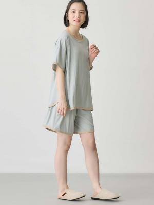 マタニティ パジャマ・ルームウェア|テレコバイカラー使いルームウェア　マタニティ・授乳パジャマ　【出産後も長く使える】|ライトグリーン