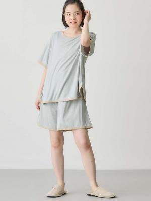 マタニティ パジャマ・ルームウェア|テレコバイカラー使いルームウェア　マタニティ・授乳パジャマ　【出産後も長く使える】|ライトグリーン