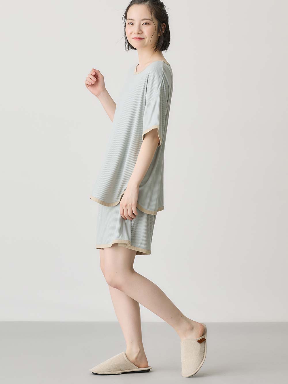 マタニティ パジャマ・ルームウェア|テレコバイカラー使いルームウェア　マタニティ・授乳パジャマ　【出産後も長く使える】|ライトグリーン