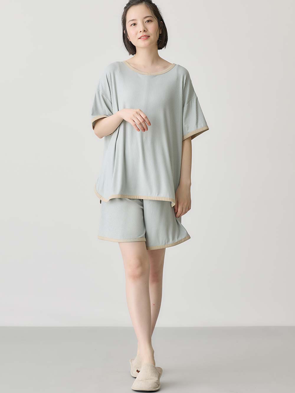 マタニティ パジャマ・ルームウェア|テレコバイカラー使いルームウェア　マタニティ・授乳パジャマ　【出産後も長く使える】|ライトグリーン