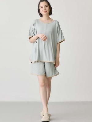 マタニティ パジャマ・ルームウェア|テレコバイカラー使いルームウェア　マタニティ・授乳パジャマ　【出産後も長く使える】|ライトグリーン