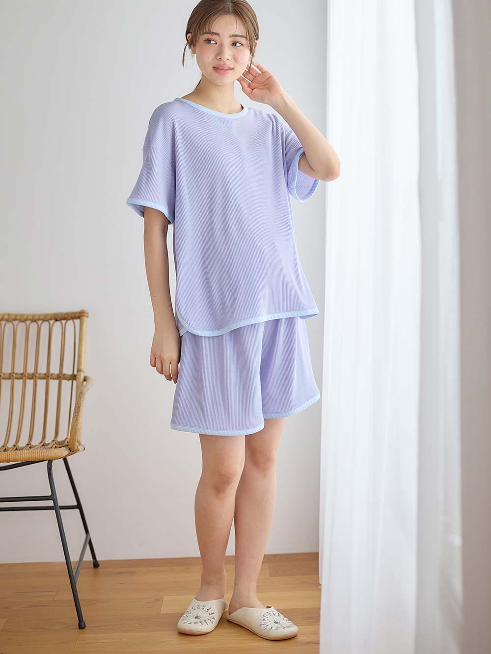マタニティ パジャマ・ルームウェア|テレコバイカラー使いルームウェア　マタニティ・授乳パジャマ　【出産後も長く使える】|ラベンダー