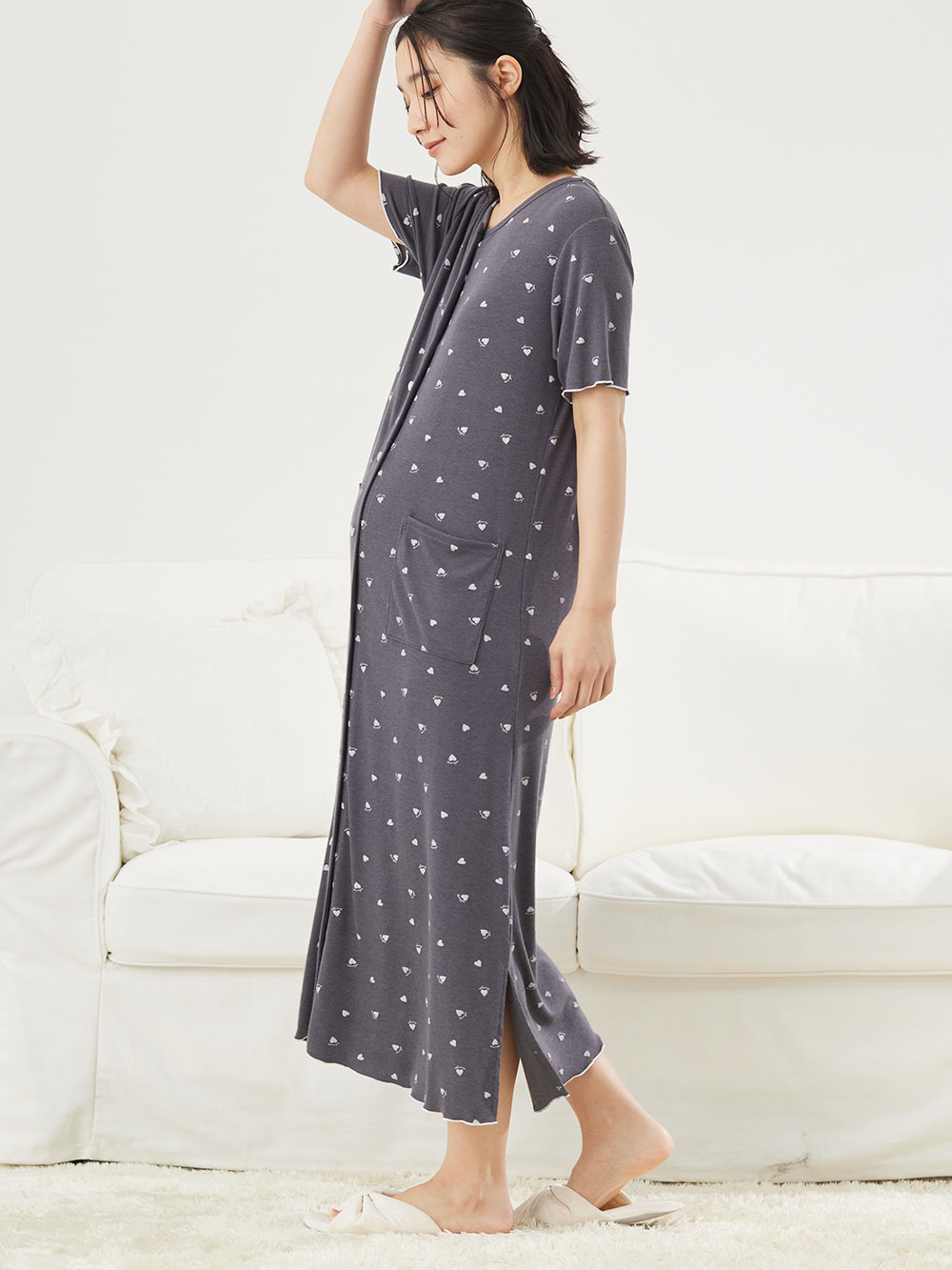 マタニティ パジャマ・ルームウェア|テレコハートプリントネグリジェ　マタニティ・授乳パジャマ　【出産後も長く使える】|チャコール