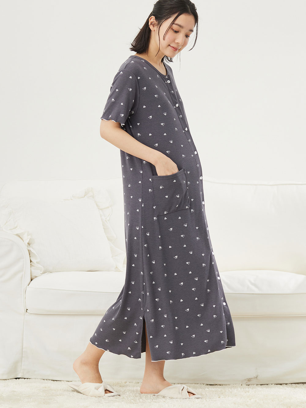 マタニティ パジャマ・ルームウェア|テレコハートプリントネグリジェ　マタニティ・授乳パジャマ　【出産後も長く使える】|チャコール