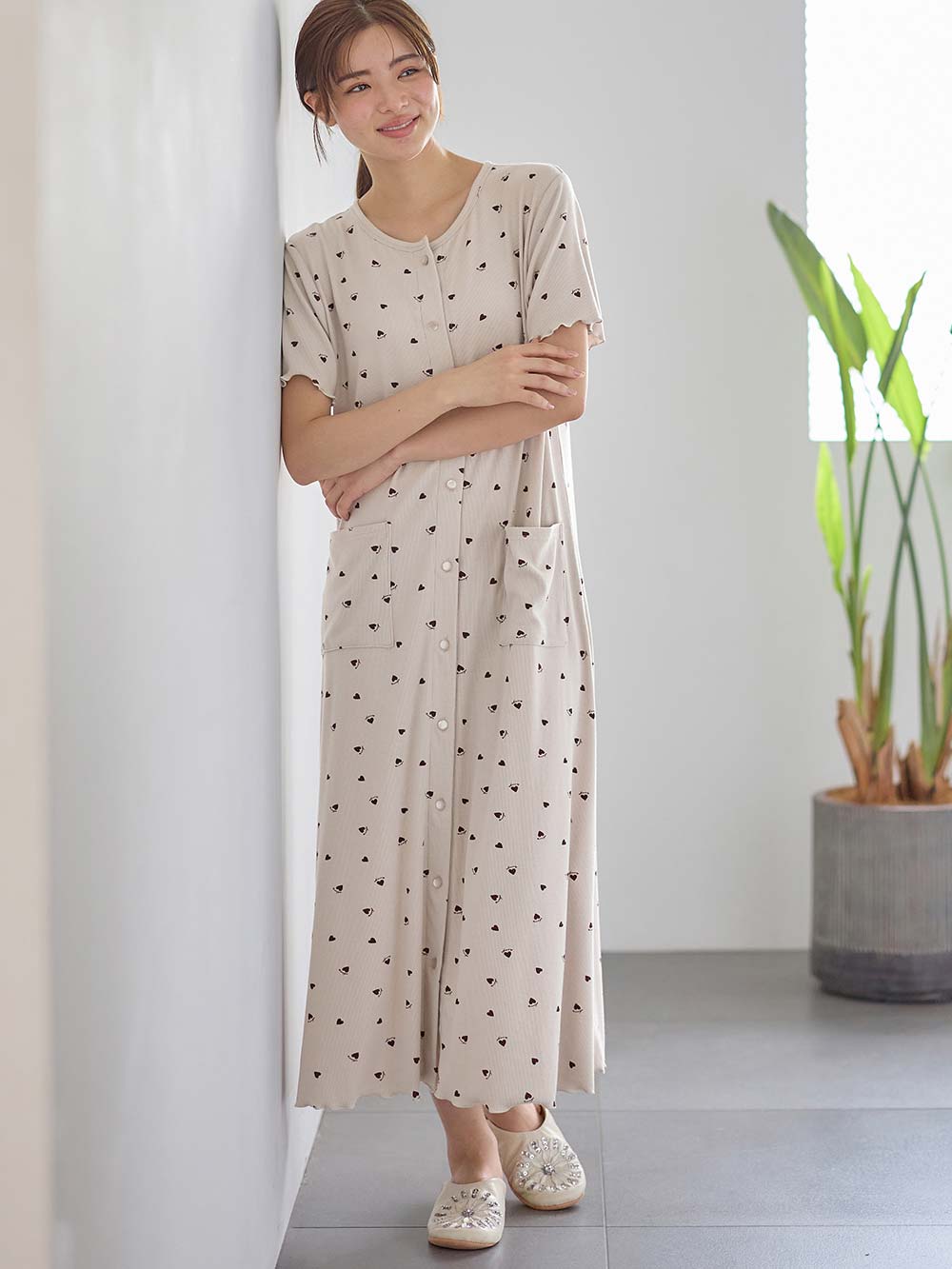 マタニティ パジャマ・ルームウェア|テレコハートプリントネグリジェ　マタニティ・授乳パジャマ　【出産後も長く使える】|オフベージュ