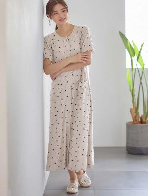 マタニティ パジャマ・ルームウェア|テレコハートプリントネグリジェ　マタニティ・授乳パジャマ　【出産後も長く使える】|オフベージュ