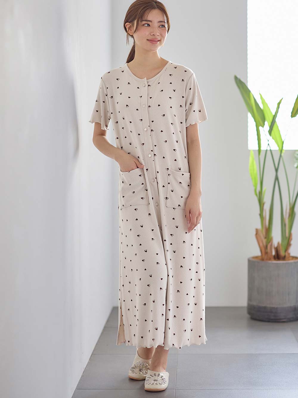 マタニティ パジャマ・ルームウェア|テレコハートプリントネグリジェ　マタニティ・授乳パジャマ　【出産後も長く使える】|オフベージュ