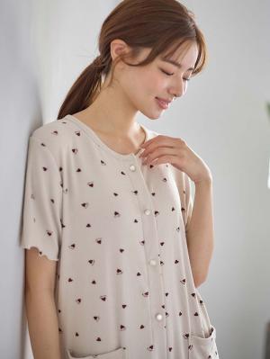 マタニティ パジャマ・ルームウェア|テレコハートプリントネグリジェ　マタニティ・授乳パジャマ　【出産後も長く使える】|オフベージュ