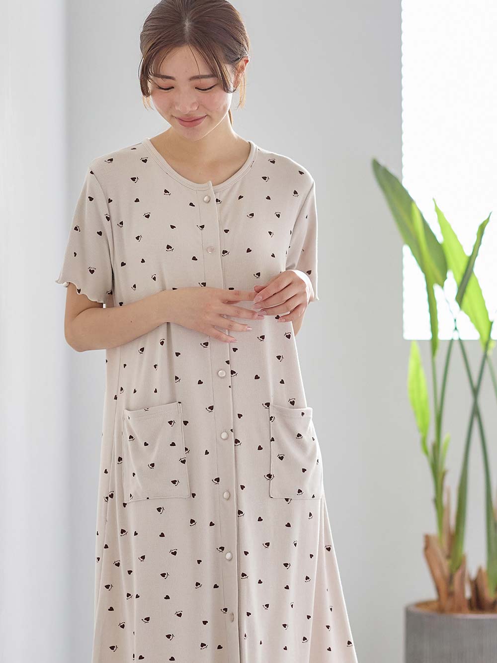 マタニティ パジャマ・ルームウェア|テレコハートプリントネグリジェ　マタニティ・授乳パジャマ　【出産後も長く使える】|オフベージュ