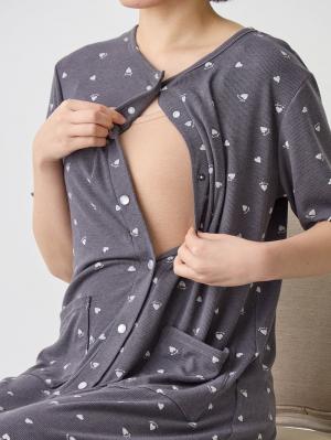 マタニティ パジャマ・ルームウェア|テレコハートプリントネグリジェ　マタニティ・授乳パジャマ　【出産後も長く使える】