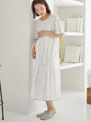 マタニティ パジャマ・ルームウェア|テレコ小花柄プリントティアードネグリジェ  マタニティ・授乳パジャマ 【出産後も長く使える】|アイボリー