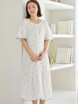 マタニティ パジャマ・ルームウェア|テレコ小花柄プリントティアードネグリジェ  マタニティ・授乳パジャマ 【出産後も長く使える】|アイボリー