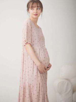 マタニティ パジャマ・ルームウェア|テレコ小花柄プリントティアードネグリジェ  マタニティ・授乳パジャマ 【出産後も長く使える】|ピンク