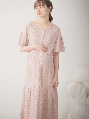 マタニティ パジャマ・ルームウェア|テレコ小花柄プリントティアードネグリジェ  マタニティ・授乳パジャマ 【出産後も長く使える】|アイボリー