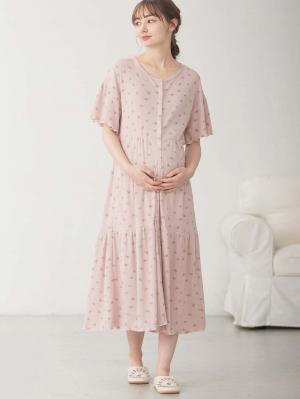 マタニティ パジャマ・ルームウェア|テレコ小花柄プリントティアードネグリジェ  マタニティ・授乳パジャマ 【出産後も長く使える】|ピンク