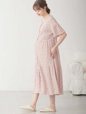 マタニティ パジャマ・ルームウェア|テレコ小花柄プリントティアードネグリジェ  マタニティ・授乳パジャマ 【出産後も長く使える】|ピンク