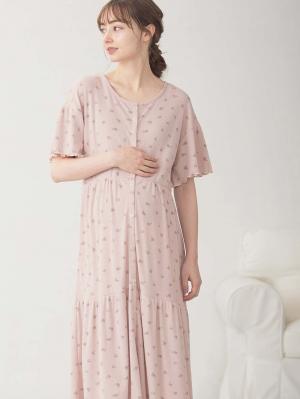 マタニティ パジャマ・ルームウェア|テレコ小花柄プリントティアードネグリジェ  マタニティ・授乳パジャマ 【出産後も長く使える】|ピンク