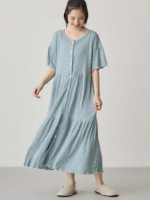 マタニティ パジャマ・ルームウェア|テレコ小花柄プリントティアードネグリジェ  マタニティ・授乳パジャマ 【出産後も長く使える】|ブルー