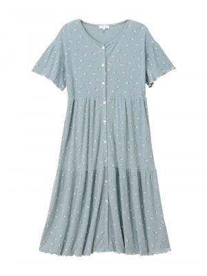 マタニティ パジャマ・ルームウェア|テレコ小花柄プリントティアードネグリジェ  マタニティ・授乳パジャマ 【出産後も長く使える】|ブルー