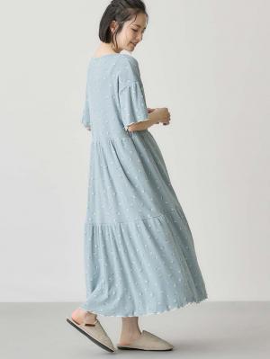 マタニティ パジャマ・ルームウェア|テレコ小花柄プリントティアードネグリジェ  マタニティ・授乳パジャマ 【出産後も長く使える】|ブルー