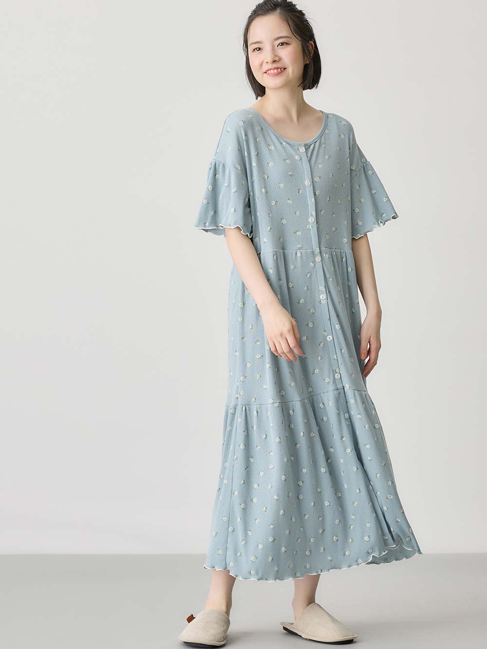 マタニティ パジャマ・ルームウェア|テレコ小花柄プリントティアードネグリジェ  マタニティ・授乳パジャマ 【出産後も長く使える】|ブルー